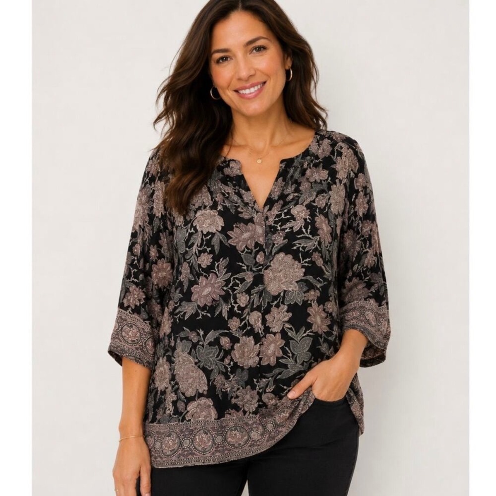 Lucky Brand 2X Boho Black Floral Paisley Split Neck Henley Peasant Blouse Top